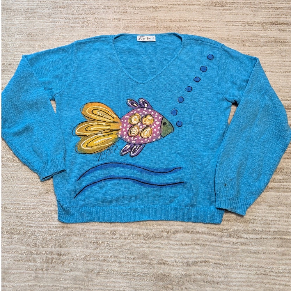 Victoria Fish Sweater Womens OS Blue Cotton V-Neck Hand Painted Style Vintage